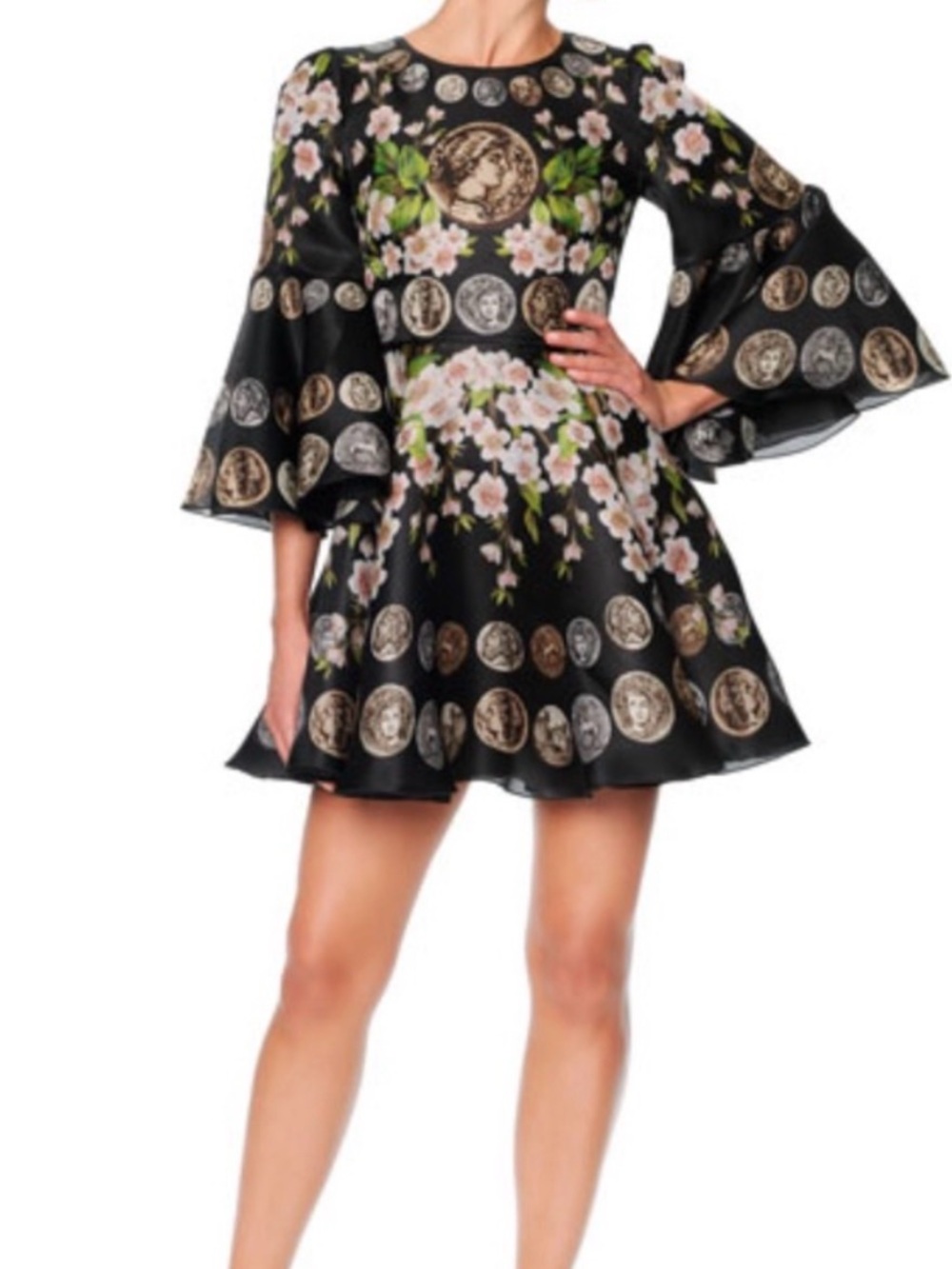 Dolce and Gabbana inspired Coin-Print Bell-Sleeve Mini Dress Black